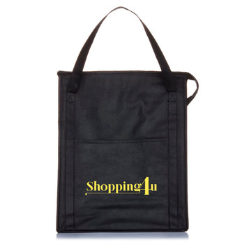 A black insulated grocery tote with a single handle and a front pocket, featuring branding on the front.