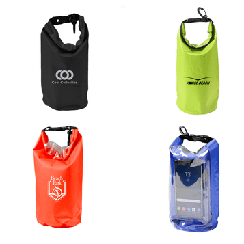 Four 2.5L dry bags in black, yellow, orange, and blue, featuring various logos and a transparent compartment.