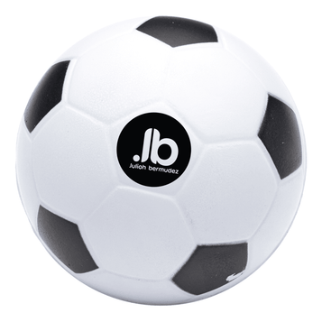 A stress ball shaped like a classic soccer ball, featuring black and white panels and a small logo. A stress ball shaped like a classic soccer ball, featuring black and white panels and a small logo.