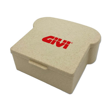 A beige lunch box shaped like a slice of bread, featuring a logo on the front. A beige lunch box shaped like a slice of bread, featuring a logo on the front.
