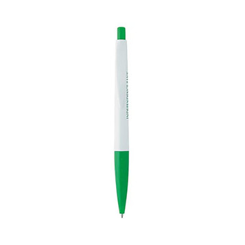 A plastic pen with a white body and green accents, featuring a logo.
