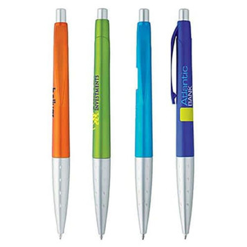 Four metallic pens in orange, green, blue, and purple, each with a silver clip and a branding logo. Four metallic pens in orange, green, blue, and purple, each with a silver clip and a branding logo.