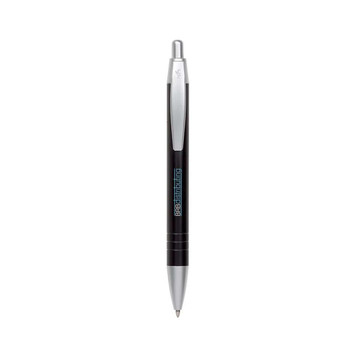 A metal pen featuring a black body and silver accents, complete with a branding logo. A metal pen featuring a black body and silver accents, complete with a branding logo.