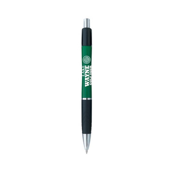A green and black pen featuring a logo, designed for writing. A green and black pen featuring a logo, designed for writing.