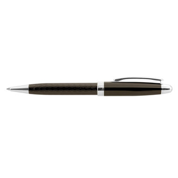 A metal pen in black with a glossy finish and silver accents, featuring a clip and a textured grip area. A metal pen in black with a glossy finish and silver accents, featuring a clip and a textured grip area.