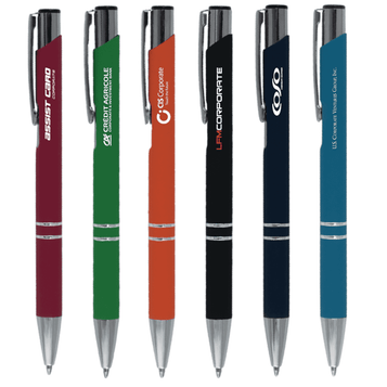A selection of metal pens in various colours: maroon, green, orange, black, and navy, each with a clip and logo.