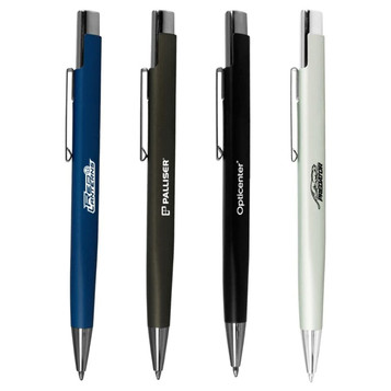 A collection of four metal pens in blue, olive green, black, and light grey, featuring various logos.