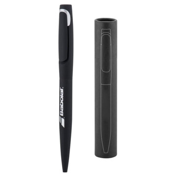 A black metal pen with a sleek design, featuring a pen holder. The pen has a logo on its side. A black metal pen with a sleek design, featuring a pen holder. The pen has a logo on its side.