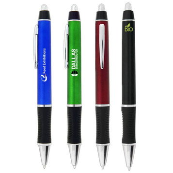 A collection of four plastic pens in blue, green, red, and black, featuring a logo on each pen. A collection of four plastic pens in blue, green, red, and black, featuring a logo on each pen.