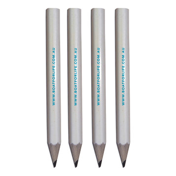 Four grey-lead pencils with white shafts and branding on the side. Four grey-lead pencils with white shafts and branding on the side.