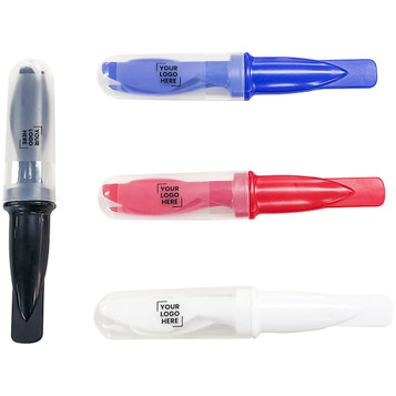 Four promotional "Slice Set" highlighters in black, purple, red, and white with clear caps and branding space. Four promotional "Slice Set" highlighters in black, purple, red, and white with clear caps and branding space.