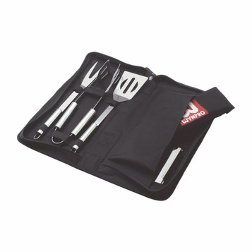 A 5-piece BBQ and apron set featuring stainless steel utensils in a black carrying case.
