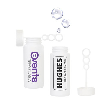 Two white bubble solution bottles with a wand, featuring purple and black text and bubbles rising above.