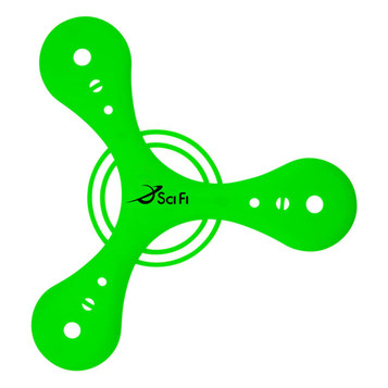 A bright green boomerang with a central circular design and a logo.