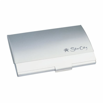 A sleek silver deluxe pocket business card holder with a logo on the surface. Ideal for storing business cards.