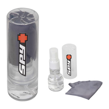 An Eye Glass Cleaner Set featuring a spray bottle and a grey cleaning cloth, contained in a clear cylindrical case.
