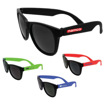 Retro sunglasses in black, green, red, and blue, featuring logos on some frames. Retro sunglasses in black, green, red, and blue, featuring logos on some frames.