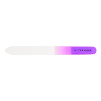 A glass nail file with a gradient design in purple and white, featuring a logo. A glass nail file with a gradient design in purple and white, featuring a logo.