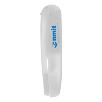 A folding travel toothbrush in white with a blue logo. The brush is compact and designed for portable use.
