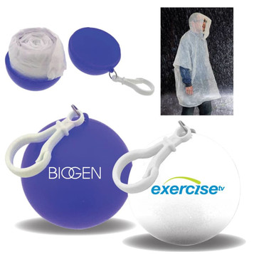 A compact blue case contains a transparent rain poncho, featuring a hook for easy attachment. A compact blue case contains a transparent rain poncho, featuring a hook for easy attachment.