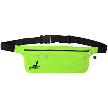 A bright green Lycra fitness belt with a zippered pocket and a clip, featuring a logo. A bright green Lycra fitness belt with a zippered pocket and a clip, featuring a logo.