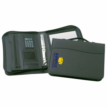A black zippered compendium with a calculator, D-ring binder, and a pen holder, featuring a logo. A black zippered compendium with a calculator, D-ring binder, and a pen holder, featuring a logo.