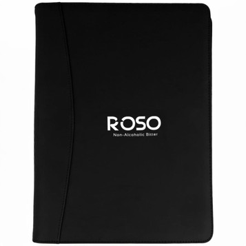 A black portfolio with a sleek design and a logo prominently displayed on the front. A black portfolio with a sleek design and a logo prominently displayed on the front.
