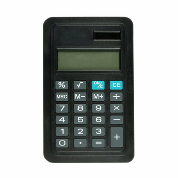 A black calculator featuring an LCD display and a numeric keypad, suitable for office use. A black calculator featuring an LCD display and a numeric keypad, suitable for office use.