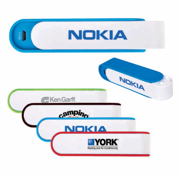 A collection of Slider Power Banks in various colours, featuring branding on each device. A collection of Slider Power Banks in various colours, featuring branding on each device.