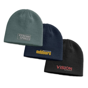 Three knit beanies displayed: a green one, a navy blue one, and a black one, each with a logo.