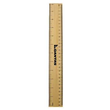 A bamboo ruler with black markings, featuring a logo, measuring 30 centimetres in length. A bamboo ruler with black markings, featuring a logo, measuring 30 centimetres in length.