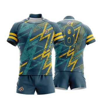 A rugby jersey featuring a teal colour with yellow stripes and a bold graphic design. It has a number '8' and a logo. A rugby jersey featuring a teal colour with yellow stripes and a bold graphic design. It has a number '8' and a logo.