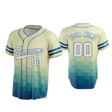 A baseball jersey in gradient shades of cream to teal, featuring a logo and space for personalisation. A baseball jersey in gradient shades of cream to teal, featuring a logo and space for personalisation.