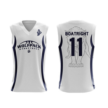 A white basketball singlet featuring navy accents and a lion graphic on the back, with a logo and number 11. A white basketball singlet featuring navy accents and a lion graphic on the back, with a logo and number 11.