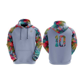A pullover hoodie in grey with vibrant floral-patterned sleeves and a decorative number on the back. A pullover hoodie in grey with vibrant floral-patterned sleeves and a decorative number on the back.