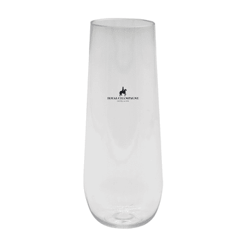 A clear, stemless shatterproof champagne glass featuring a logo, suitable for drinkware. A clear, stemless shatterproof champagne glass featuring a logo, suitable for drinkware.
