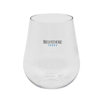 A stemless, shatterproof wine glass in clear plastic, featuring a logo. A stemless, shatterproof wine glass in clear plastic, featuring a logo.