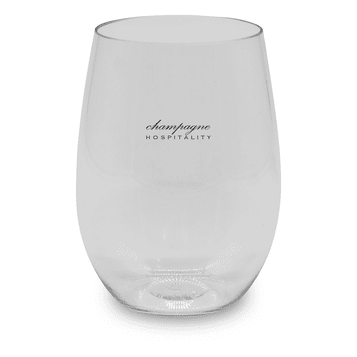 A stemless, shatterproof red wine glass in clear plastic with a logo. Suitable for outdoor use. A stemless, shatterproof red wine glass in clear plastic with a logo. Suitable for outdoor use.