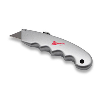 A silver utility knife with a textured handle and a blade. The knife features a logo on its side. A silver utility knife with a textured handle and a blade. The knife features a logo on its side.