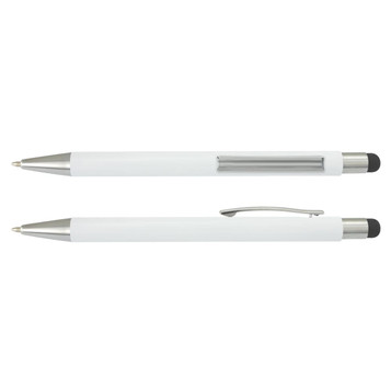 A white metal stylus pen featuring a silver clip and tip, with a transparent section showing the ink cartridge.