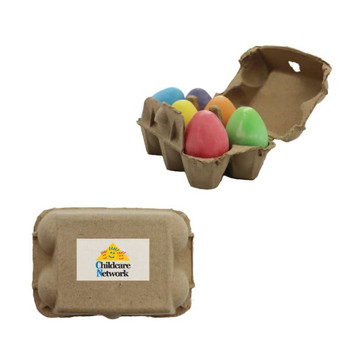 A carton containing brightly coloured chalk eggs in pastel shades, with a logo on the bottom side.