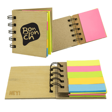 A mini bamboo sticky note set featuring colourful sticky notes in pink, yellow, and green, with a logo on the cover. A mini bamboo sticky note set featuring colourful sticky notes in pink, yellow, and green, with a logo on the cover.