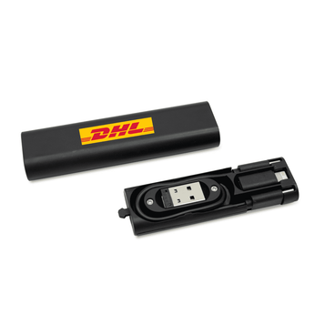 A black portable charging kit containing a USB and a Lightning cable, with a logo on the casing. A black portable charging kit containing a USB and a Lightning cable, with a logo on the casing.