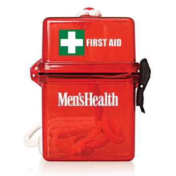 A red waterproof first aid kit featuring a white cross and a logo, containing various medical supplies. A red waterproof first aid kit featuring a white cross and a logo, containing various medical supplies.