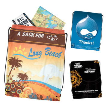 A drawstring backpack in orange and brown design, featuring a beach theme and multiple maps. Includes branding. A drawstring backpack in orange and brown design, featuring a beach theme and multiple maps. Includes branding.