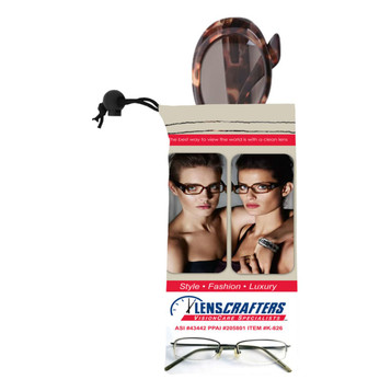 A microfibre sunglass pouch in cream and brown, featuring images of stylish eyewear and a drawstring closure. A microfibre sunglass pouch in cream and brown, featuring images of stylish eyewear and a drawstring closure.
