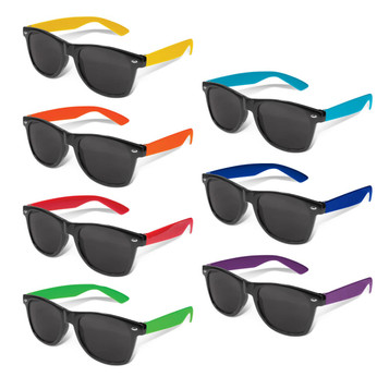 A set of Malibu Premium Sunglasses with black frames and colourful arms in orange, yellow, green, blue, and purple. A set of Malibu Premium Sunglasses with black frames and colourful arms in orange, yellow, green, blue, and purple.