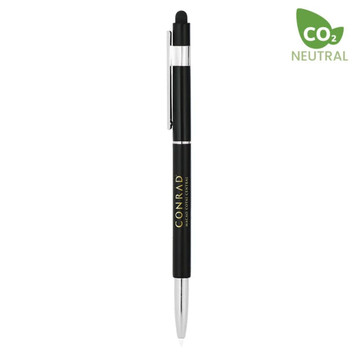 A sleek black metal stylus pen with a shiny silver clip and tip, featuring a logo. A sleek black metal stylus pen with a shiny silver clip and tip, featuring a logo.