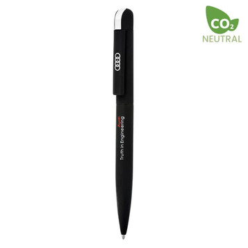 A black metal pen with a chrome clip and a logo, featuring a sleek design and smooth finish.