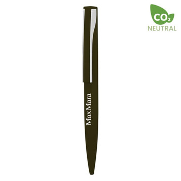 A metal pen in dark green with a sleek design and a branded logo.
